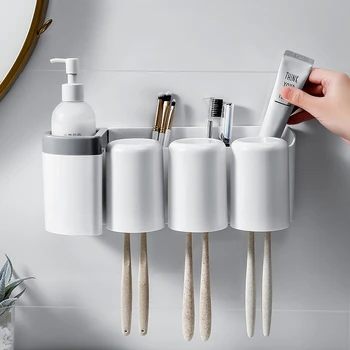 

Auto Toothpaste Dispenser Toothpaste Squeezer With 3 Cup For Bathroom Accessories Home Wall Mount Toothbrush Holder Set