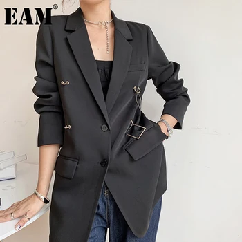 

[EAM] Women Black Split Temperament Blazer New Lapel Long Sleeve Loose Fit Jacket Fashion Tide Spring Autumn 2020 1DC041