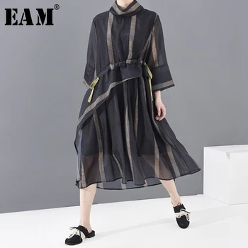 

[EAM] Women Mesh Striped Drawstring Dress New Stand Collar Three-quarter Sleeve Loose Fit Fashion Spring Summer 2020 1T55401