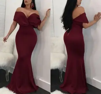 

YiMinpwp Dark Red Mermaid Evening Dresses Off Shoulder Sweep Train Draped Long Formal Prom Party Gowns vestidos de fiesta Custom