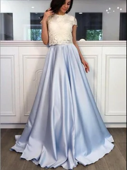 

Prom Dress Two Piece A-line with High Neckline Lace Bodice Long Floor-length Party Gowns.