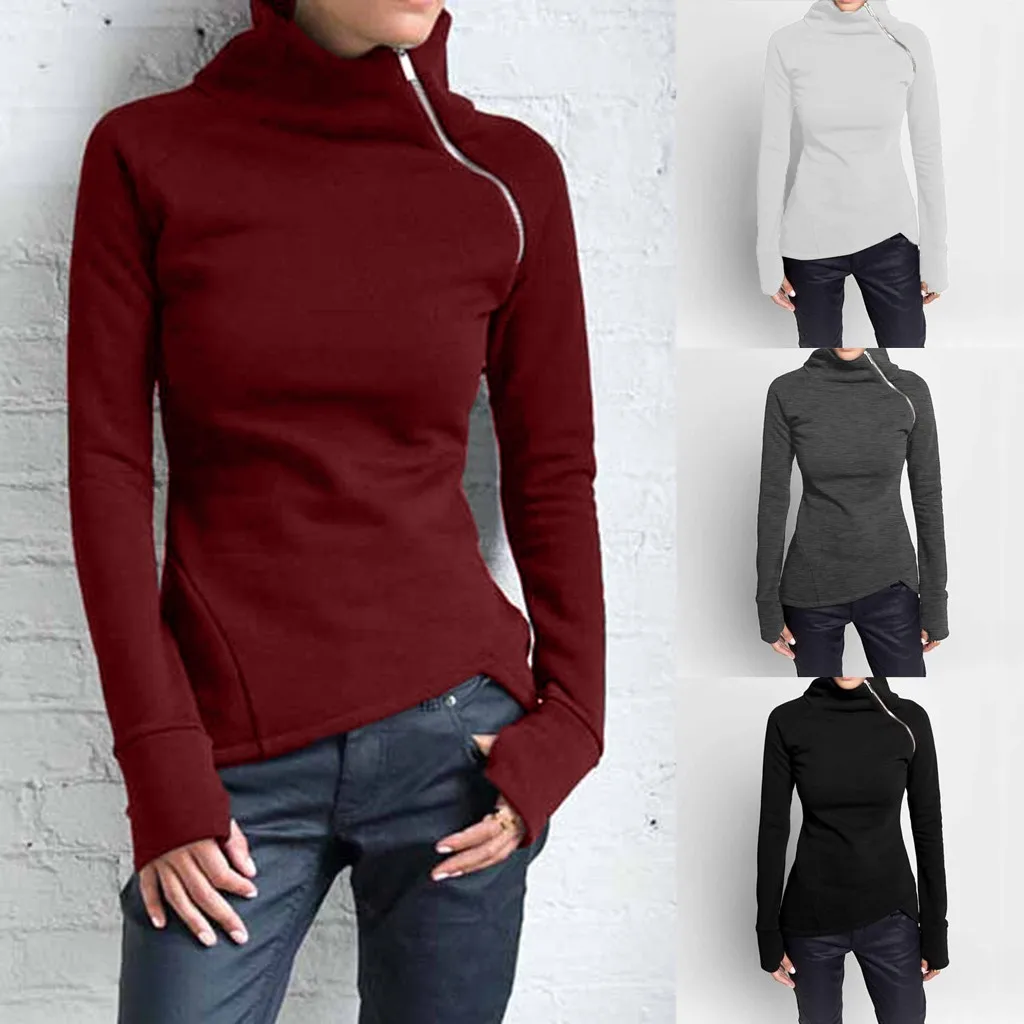 

Fashion Hoodies Sweatshirts Women Casual Solid Long Sleeve Pullover Turtleneck Zipper Sweatshirt
