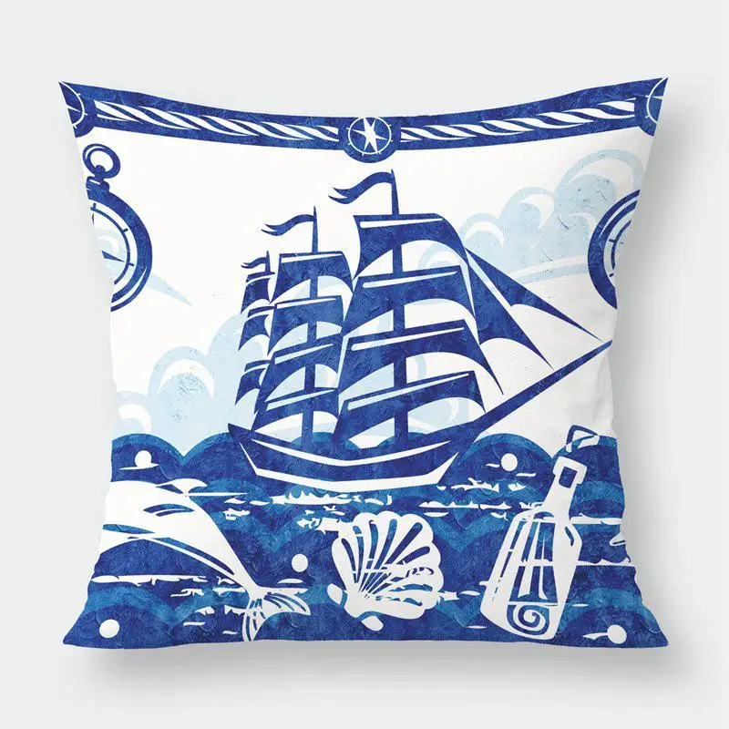 Sea Blue Compass Printed Cushion Cover Anchor Pattern Marine Ship Throw Pillow Case Decorative Pillowcase Cojines Almofadas - Цвет: 10