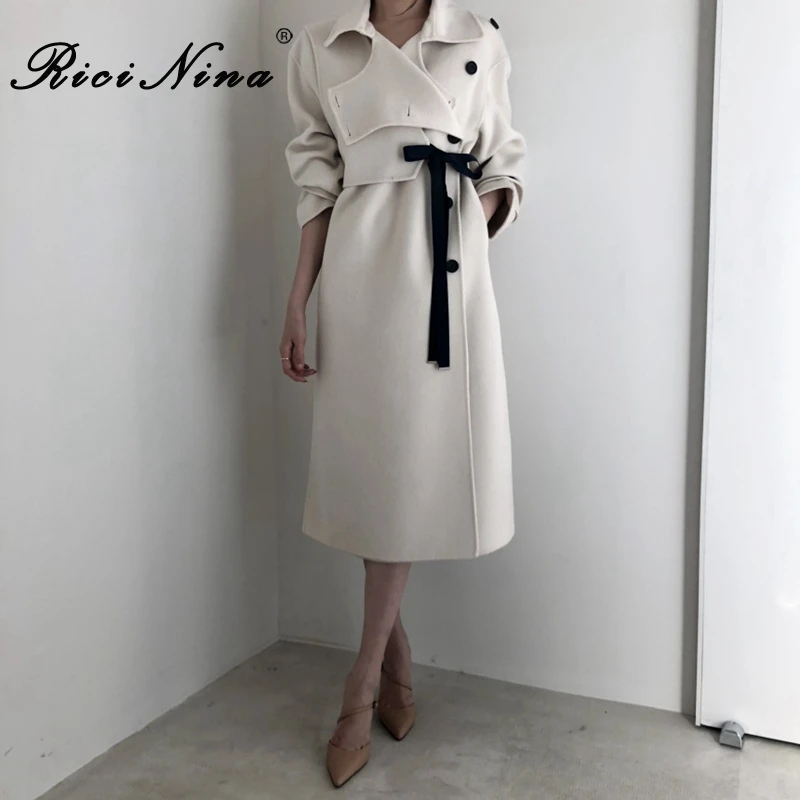 RICININA шерстяное пальто для женщин длинная куртка Зимние теплые пуговицы для верхней одежды нагрудные пояса однотонные повседневные куртки для дам элегантные пальто