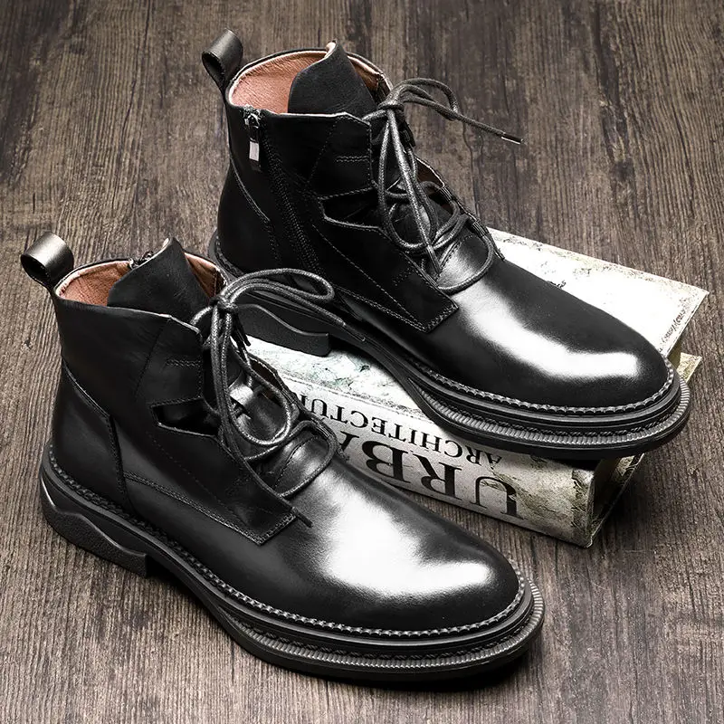 Eur Size 38-43 Retro Boots Men Full Grain Leather Lace Up Autumn Ankle Boots Man Trendy Thick Heel Winter Casual Shoes Soft