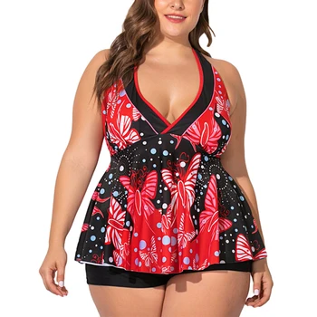 

Casual Women Butterfly Print Swimdress V Neck Halter Top with Chest Pad Boxer Brief Set Two Piece Swimsuit Beachwear Bikini Sets