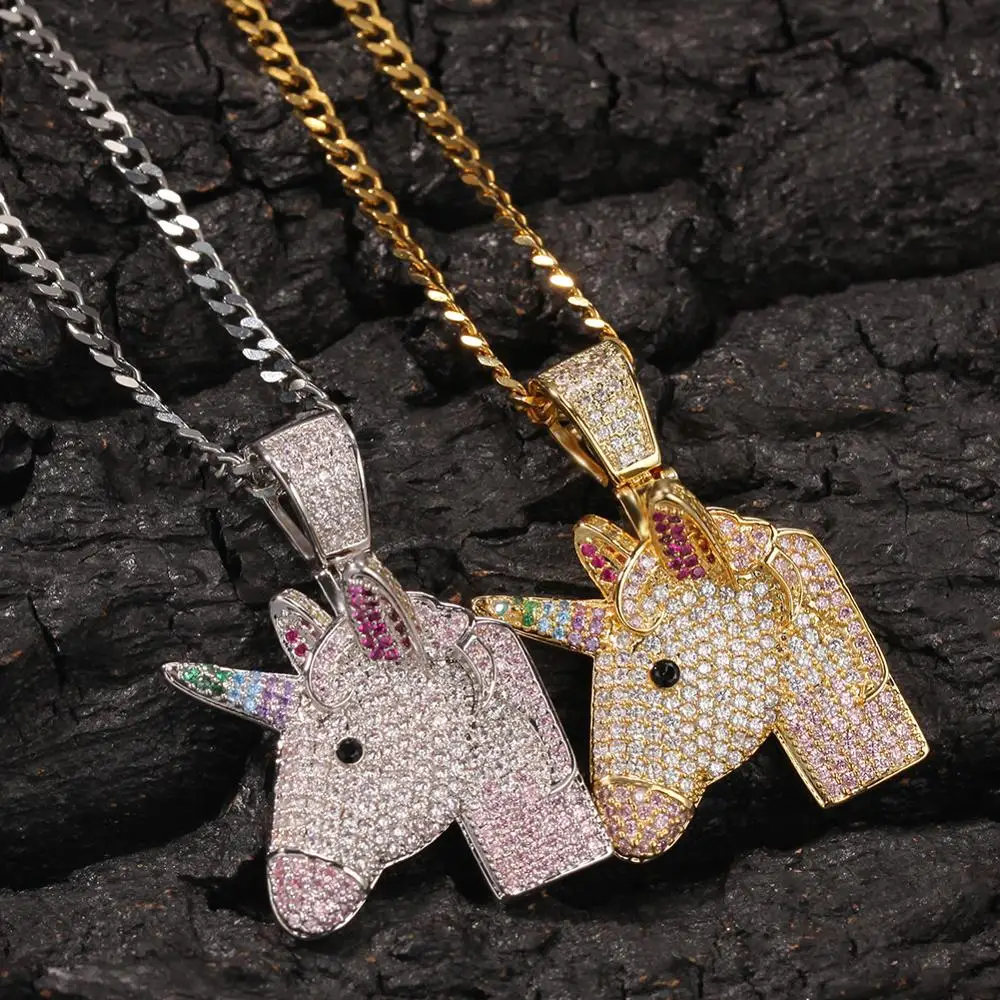 Hip Hop Iced Out Cubic Zirconia Color Pony Horse With Horns Pendant Cuban Necklace Rope Tennis Chain Lovely Jewelry Men Women | Украшения и