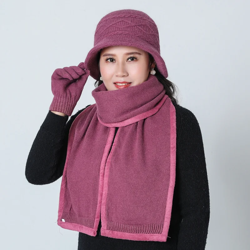 SUOGRY New Women's Knitted Hat Female Solid Color Scarf gloves And Hat Set Winter Rabbit Thick Fur Warm Beanies Ms. Middle Caps
