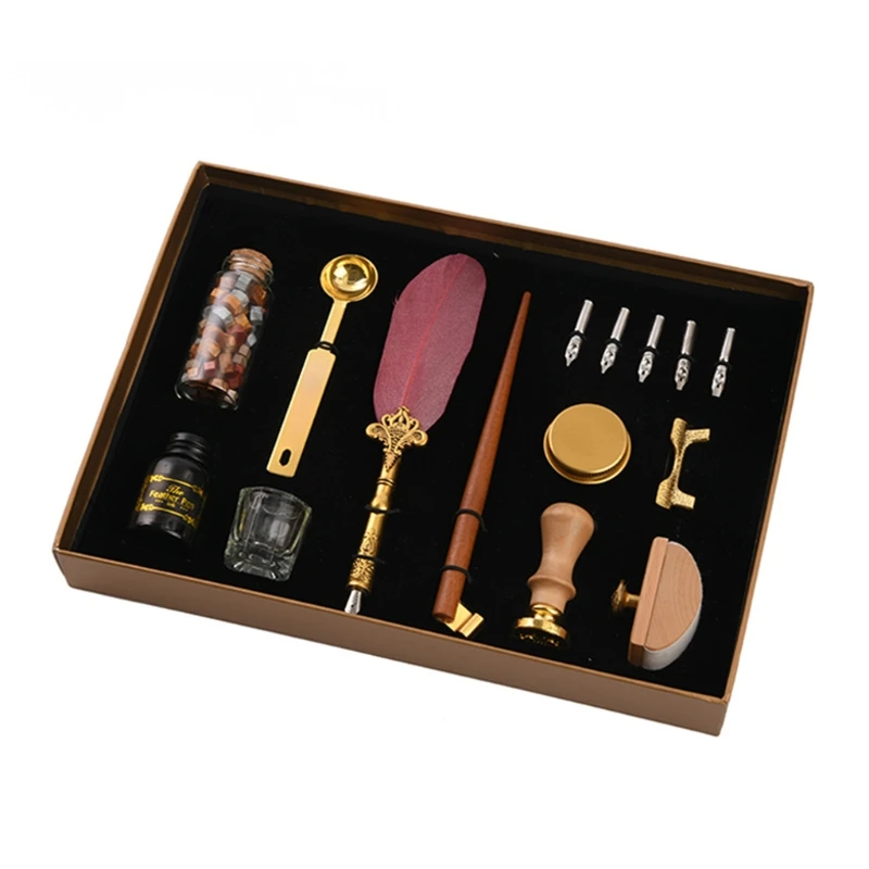 

Retro Calligraphy Quill Feather Dip Pen with Nibs Wax Seal Stamp Holder Gift Box