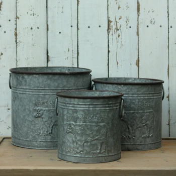 

stack 3 pieces cylindrical vintage galvanized metal bucket with handles
