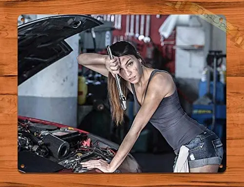 

Bernice Mechanic Hood Calendar Girl Vintage Car Pin Up Garage Auto TIN Sign
