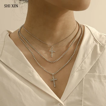 

SHIXIN 2 Pcs/Set Multi Layered Crystal Chain With Cross Pendant Necklace for Women Hip Hop Shiny Rhinestone Choker Necklace 2020