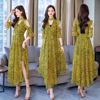 

Printed chiffon dress strapless Half sleeve summer seaside holiday over the knee irregular skirt