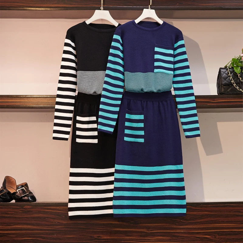 

Plus 4XL Winter Knitted Womans Suits Thick Stripe Pocket Sweater + Pencil Skirts Sets for Woman Casual Ladies Two-pieces Suit