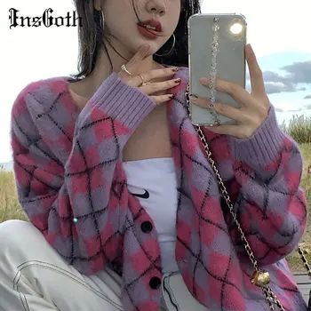 

InsGoth Women Vintage Pink Plaid Cardigan Harajuku V Neck Long Sleeve Loose Cardigan Streetwear Punk Autumn Sweater Cardigan