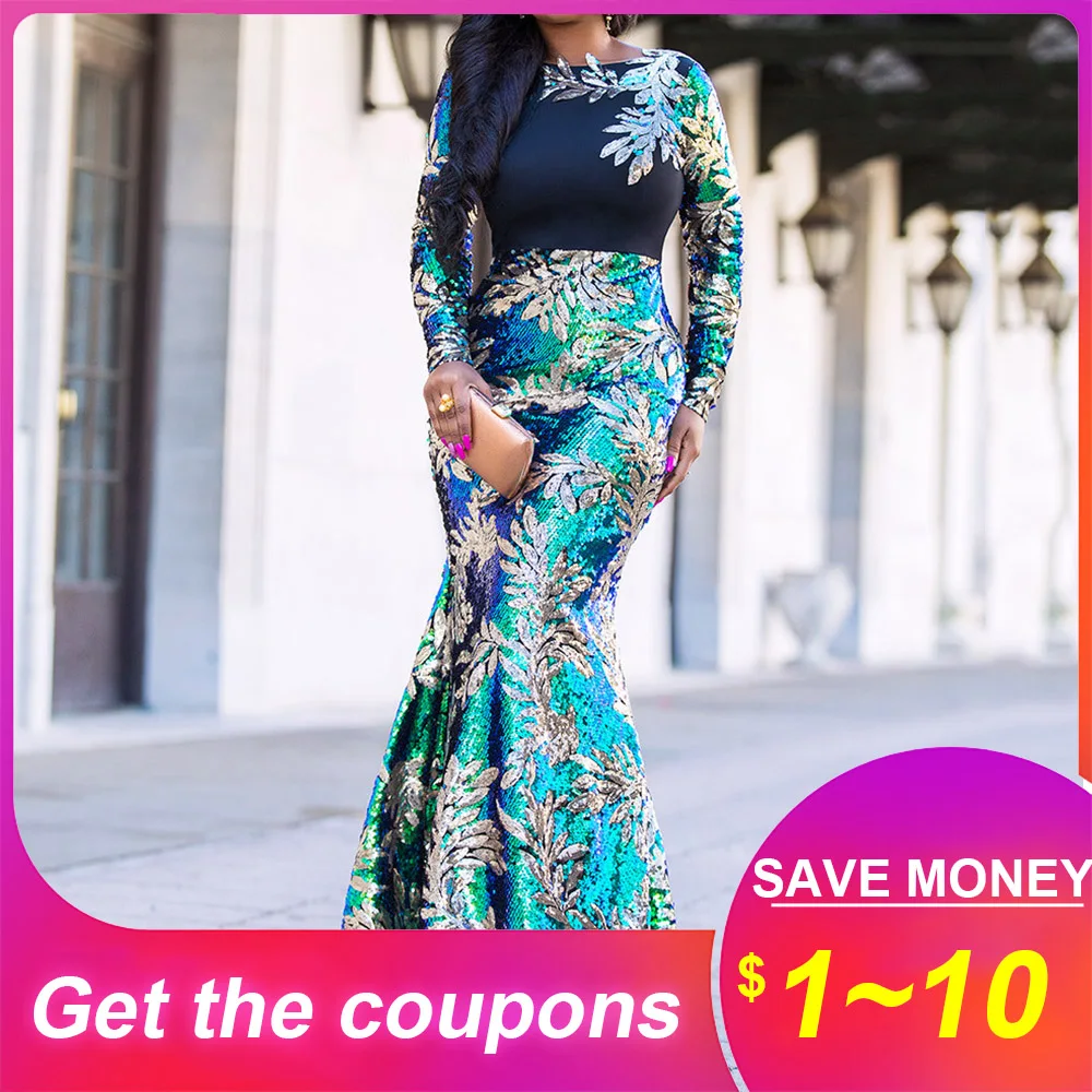 

Vintage Green Long Sleeve Mermaid Sequins Dress Sparkly Elegant Plus Size Shiny Party Evening African Long Dresses for Women