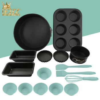 

EHZ Bakeware set Carbon Steelbaking pan Removable Bottom Cake Various Shapes Silicone Mold DIY Hone Kitchen Baking Tools 16PCS