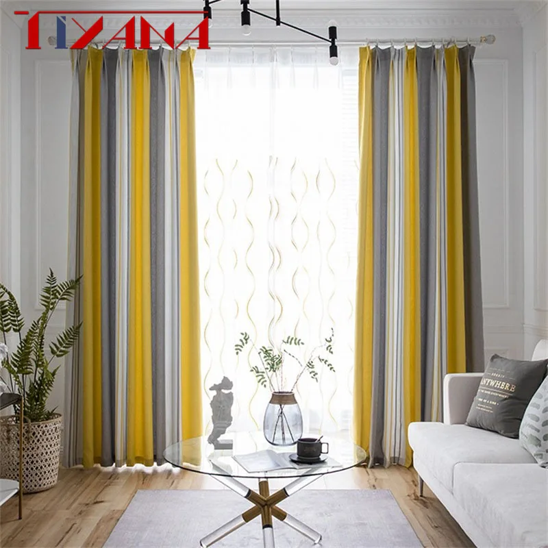 

Modern Yellow & Gray Striped Blackout Curtain Finished Drapes For Living Room Bedroom Tulle Custom Kitchen Door Curtains T237#4