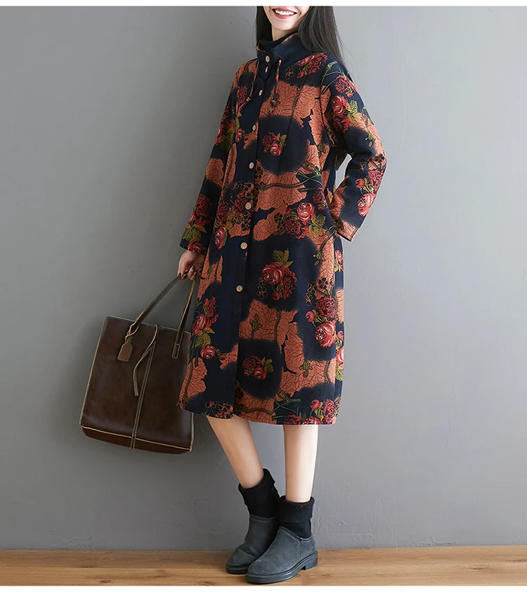 Photo Shoot Autumn And Winter New Style Ethnic-Style Large Size Cotton Linen Retro Printed Brushed And Thick Medium-length