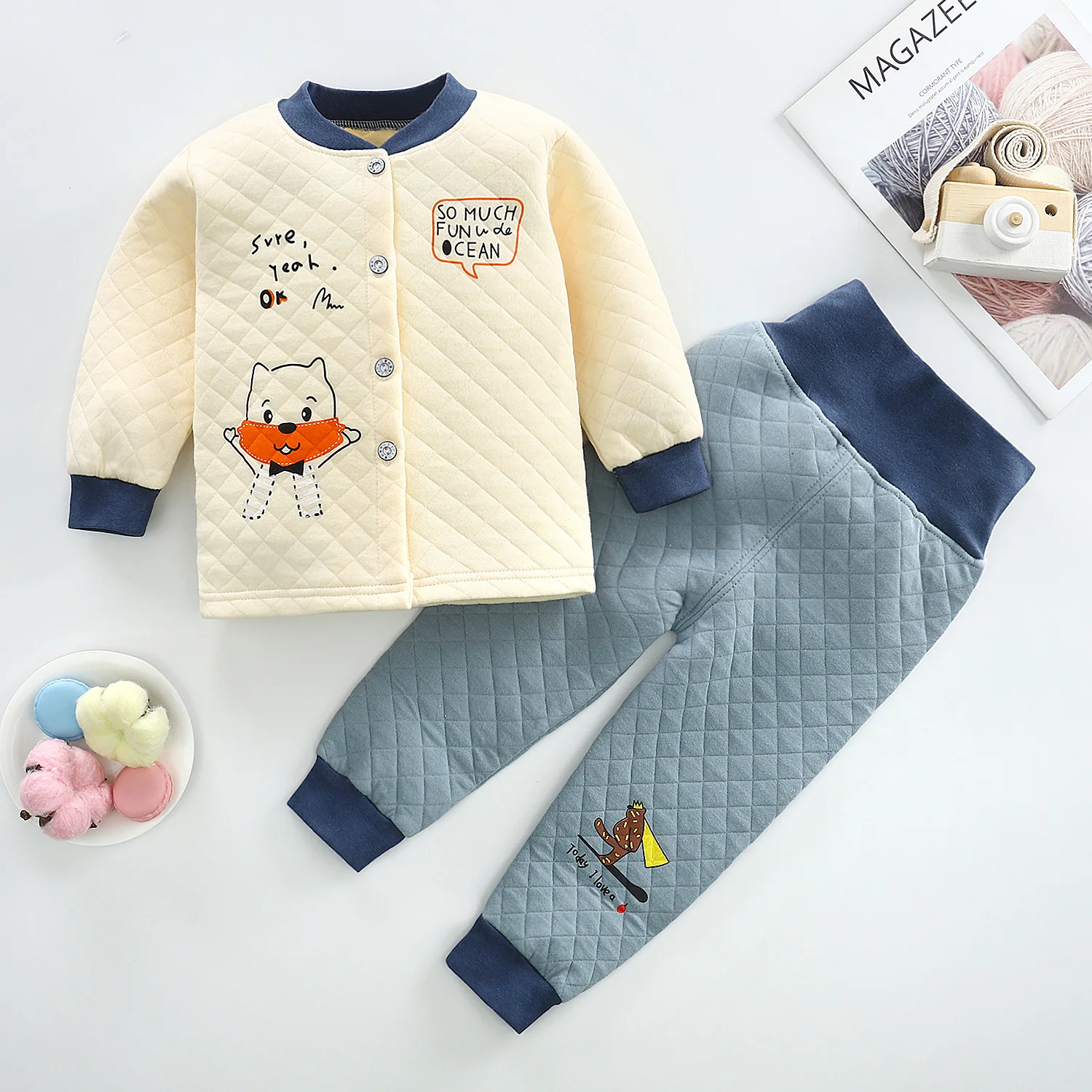  Baby Plus Warm Pajamas Sets Cotton Boys Sleepwear Autumn Cartoon Print Spring Girls Long Sleeve Top