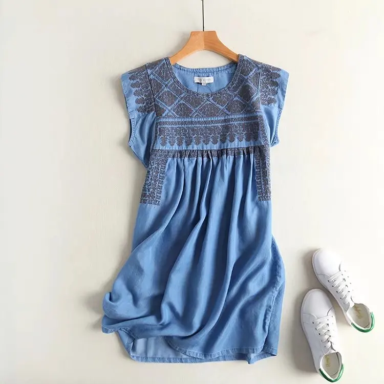 

Sf1011-Europe And America 2019 Spring And Summer New Style Crew Neck Short Sleeve Cowboy Industrial Embroidery Dress