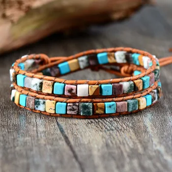 Women Leather Bracelets High End Mix Natural Stones 2 Strands Wrap Bracelets Vintage Weaving Bead Bracelet Dropshipping