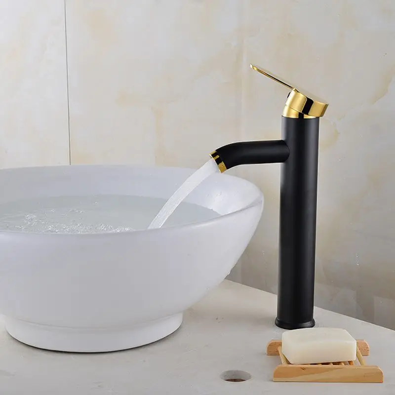 Матовый черный смеситель из нержавеющей стали для ванной комнаты смеситель для раковины Однорычажный смеситель для холодной и горячей воды кран для умывальника на бортике - Цвет: B-Tall