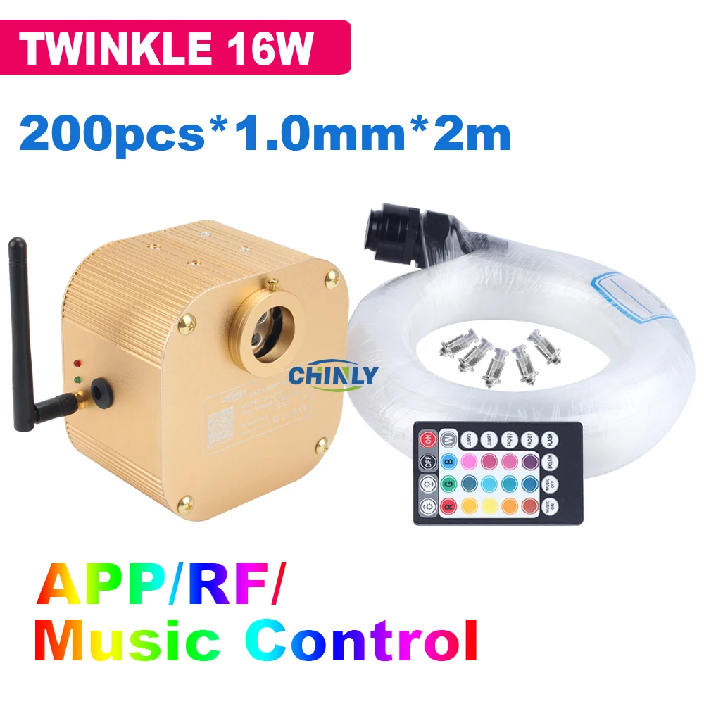 

Fiber Optic Light Smartphone Bluetooth Control Twinkle 16W RGBW Engine Music Control 200pcs 2m Fibers Ceiling Star Lights