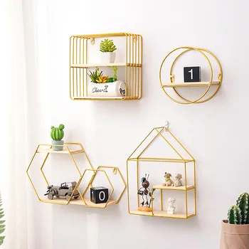 

Nordic Multi-layer Wall Hanging Storage Holders Creative Golden Iron Wooden Figurines Display Crafts Decoration Organizer Racks