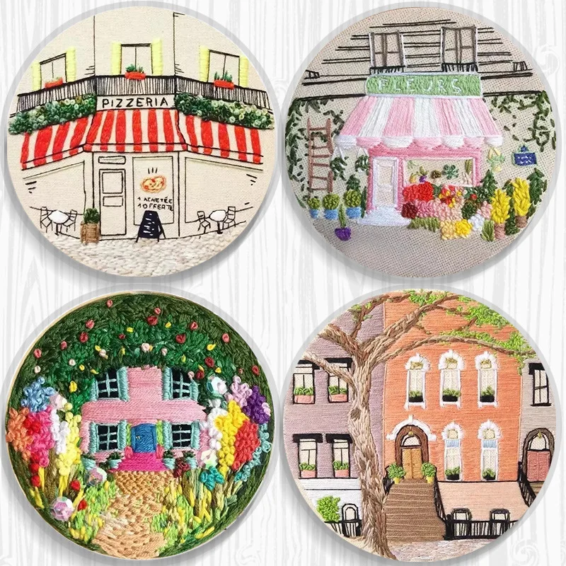 

New Beginner Needlework DIY Ribbon Embroidery Set Europe Town Scenery Cross Stitch Series Kits Needle Arts Crafts home Decor