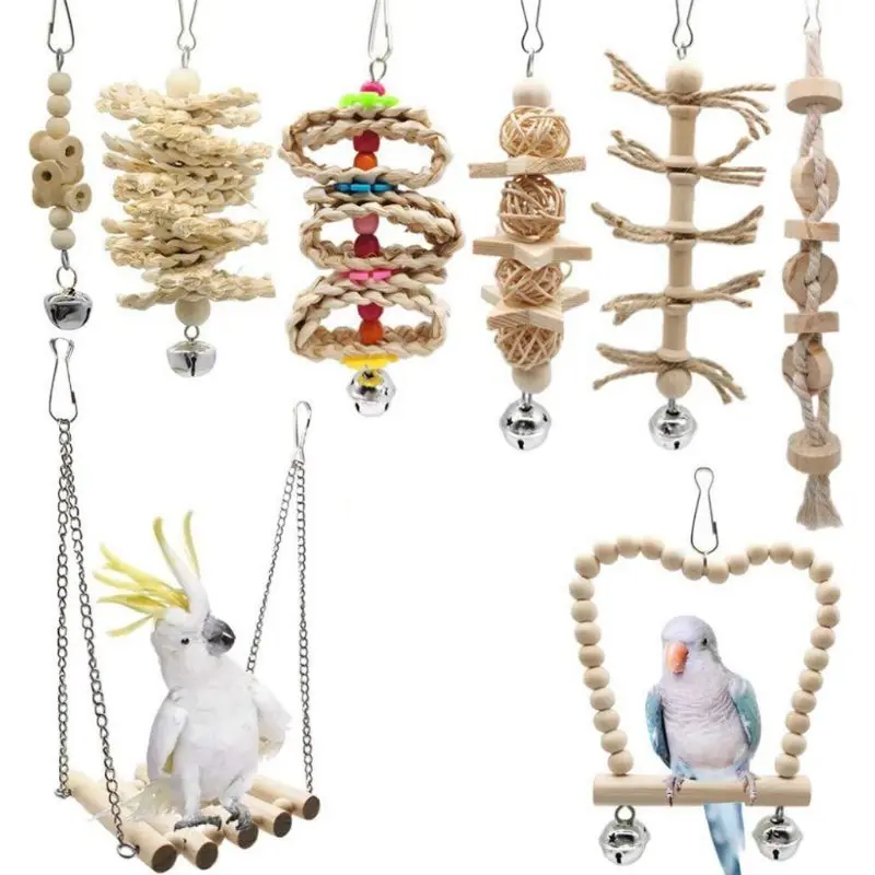 8 Pcs/set Bird Parrot Swing Chew Toys Natural Wood Hanging Bell Birds Cage Toy for Small Parakeets Cockatiels Bird Supplies