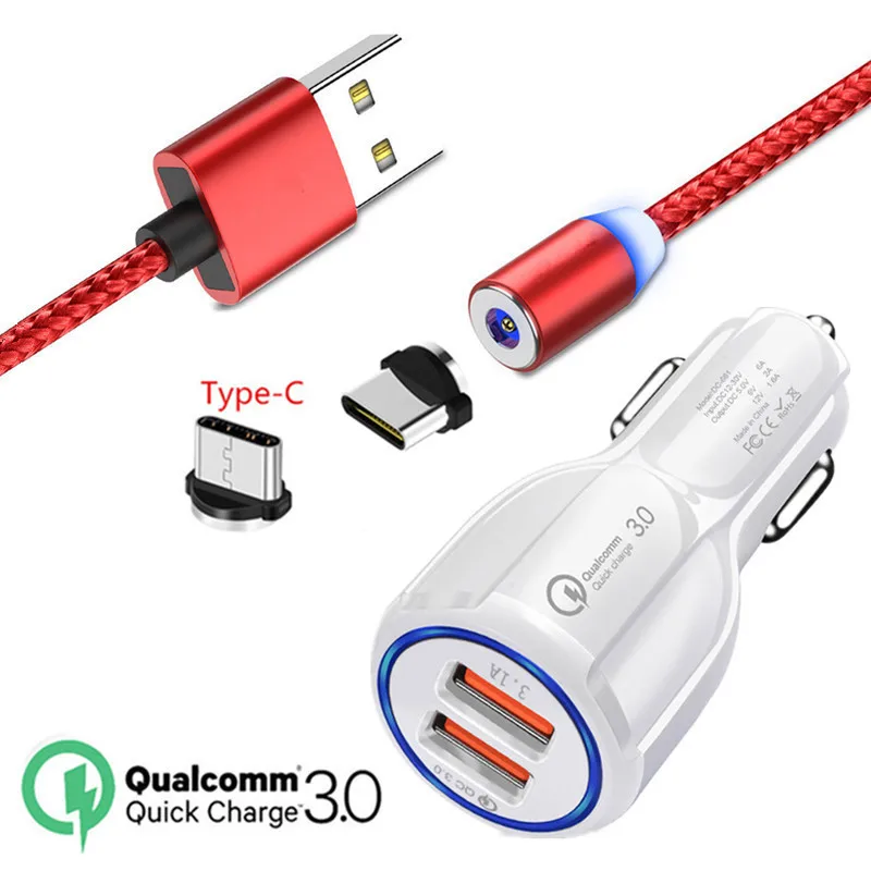 

For Samsung galaxy A20E A40 A70 Xcover 4s SM-G398FN/DS Magnetic Type C Cable Honor 9X 20 view 10 QC 3.0 USB LED Fast Car charger