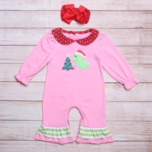 Barboteuse d'automne pour filles, col rouge, rose, manches longues, arbre de noël et motif de broderie de dinosaure, barboteuse pour bébés