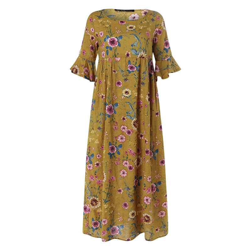 Ceny Artystyczny nadruk sukienka kobiety Sundress 2019 ZANZEA kobieta lato kwiatowy wzburzyć Vestido kobieta dorywczo pół rękawa Party długa suknia 5XL
