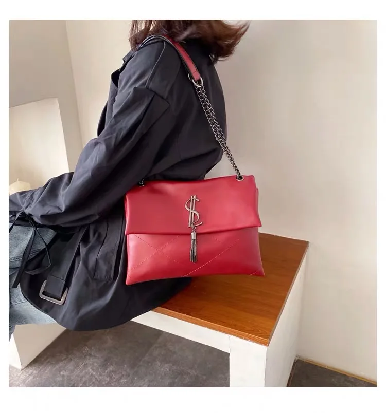 Bolso de hombro de cuero de para mujer, bolso de bandolera con cadena, Bolso grande de diseñador de marca famosa, bolso de