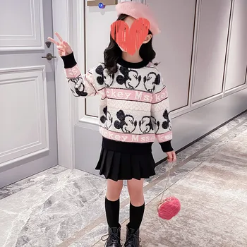 

Disney Winter Girls Sweater Catoon Mickey Children Warn Clothes Kids Pullover Mink Wool Jumper