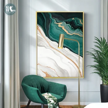 Lienzo verde con líneas de lámina de Oro Abstracto modernas, pinturas artísticas para sala de estar, carteles para dormitorios e impresiones, afiche para decoración de pared del hogar