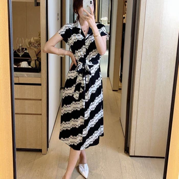 

Retro Print Sexy V-Neck Belt Slim Temperament Elegant Single-Breasted High-Quality Shirt Dress Women'S Clothing High-Quality