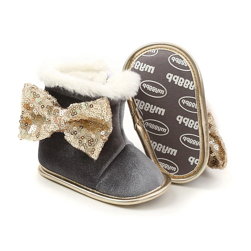 Однотонные блестящие туфли из мягкой для снежной погоды для малышей, младенцев и для маленьких девочек; детский пинетки для младенцев теплые зимние сапоги с цветочным принтом детские сапоги обувь для девочек новорожденных Snekers - Цвет: gray