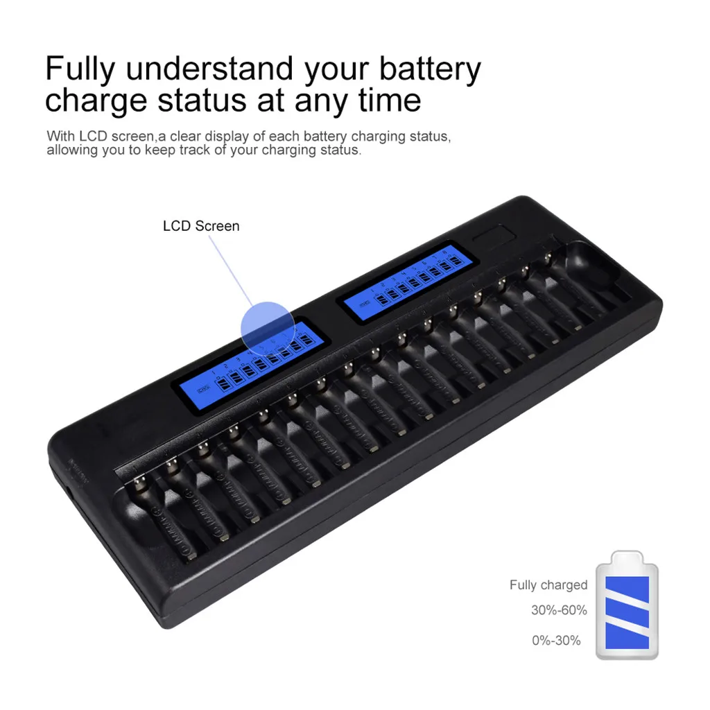 

16 Slots LCD Display Smart Battery Charger for 1.2V AA/AAA Ni-MH Ni-Cd Rechargeable Battery 9V Ni-MH Ni-Cd Li-ion Battery #G3