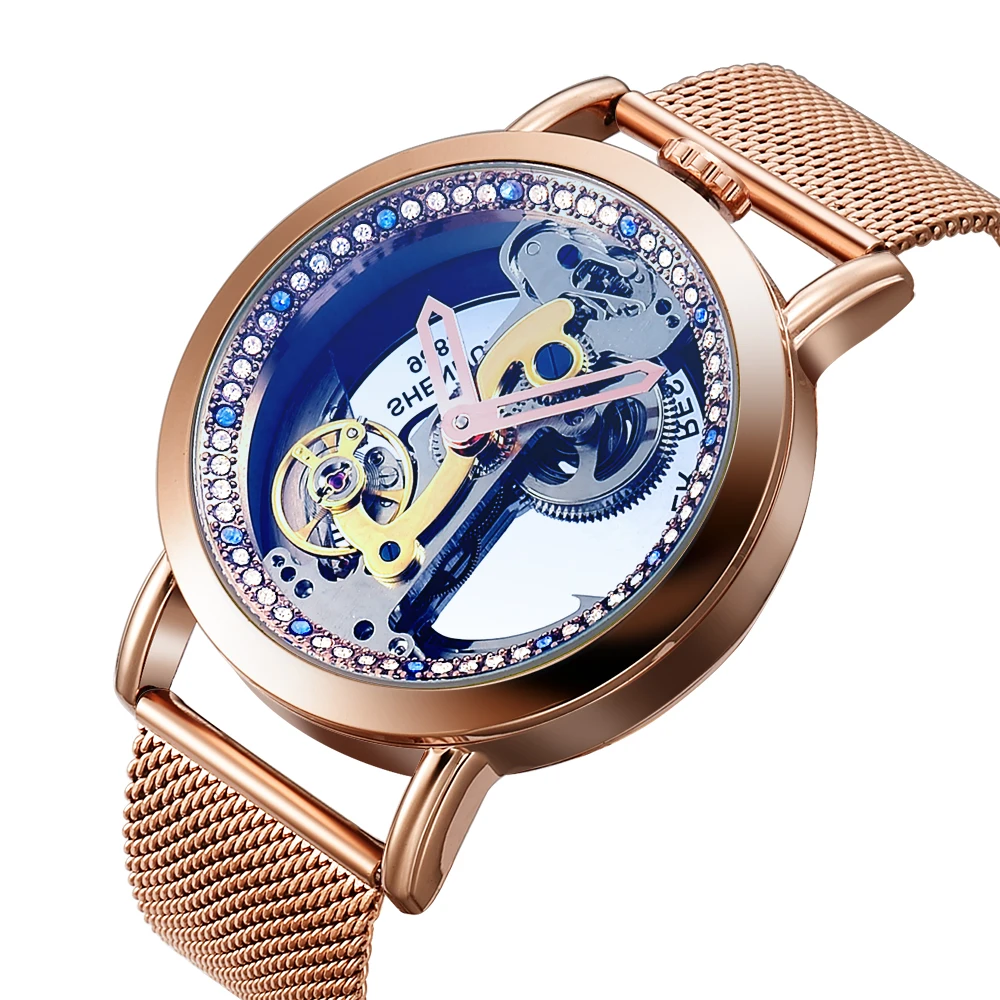 Classic Large dial Women Mesh Strap Mechanical Watches Transparent Skeleton Fashion Diamond Luxury Women automatic Watches Clock
