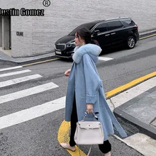 Горячая Распродажа, теплое стильное длинное двухстороннее плотное кашемировое шерстяное пальто с натуральным мехом, верхняя одежда с капюшоном, Женское зимнее пальто большого размера