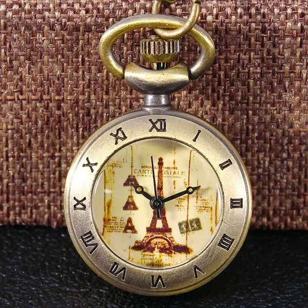 

Creative Personality Quartz Pocket Watch Large Paris Tower Vintage Design Dial Yellow Necklace Fashion Watch Gift for Men Women