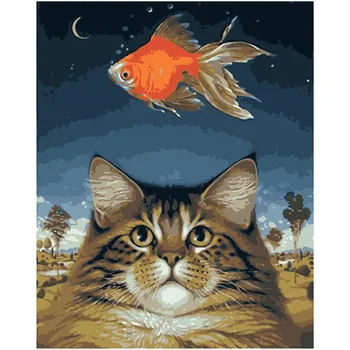 

Painting By Numbers DIY Dropshipping 40x50 50x65cm Golden kitten and fish Animal Canvas Wedding Decoration Art picture Gift