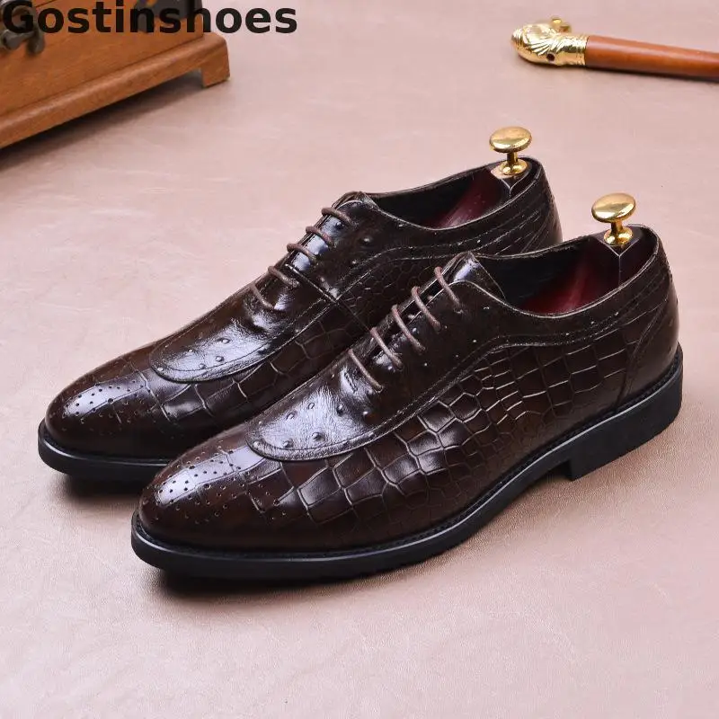 

Luxury Men Shoes Genuine Leather Crocodile And Ostrich Printed Brogues Oxfords Shoes For Men Lace-up Round Toe Men Leather Shoes