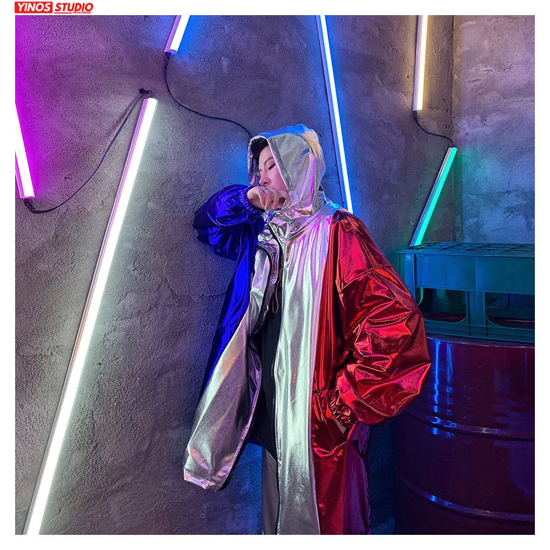 Dropshipping Autumn Dance Reflective Jacket Male Streetwear Patchwork Outdoor Hooded Tops Baggy Lengthen Coats