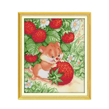 

Joy Sunday Cross Stitch Kit Elephant Rat Picking Strawberries 14CT 11CT Cross Stitch Printed Kits Handmade Embroidery Needlework
