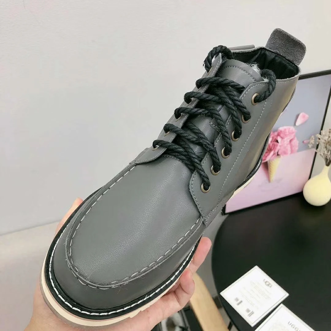 Australian Brand Sheepskin Leather Wool Fur Lined Men Lace-Up Short Ankle Winter Snow Boots For Man Casual Shoes Waterproof