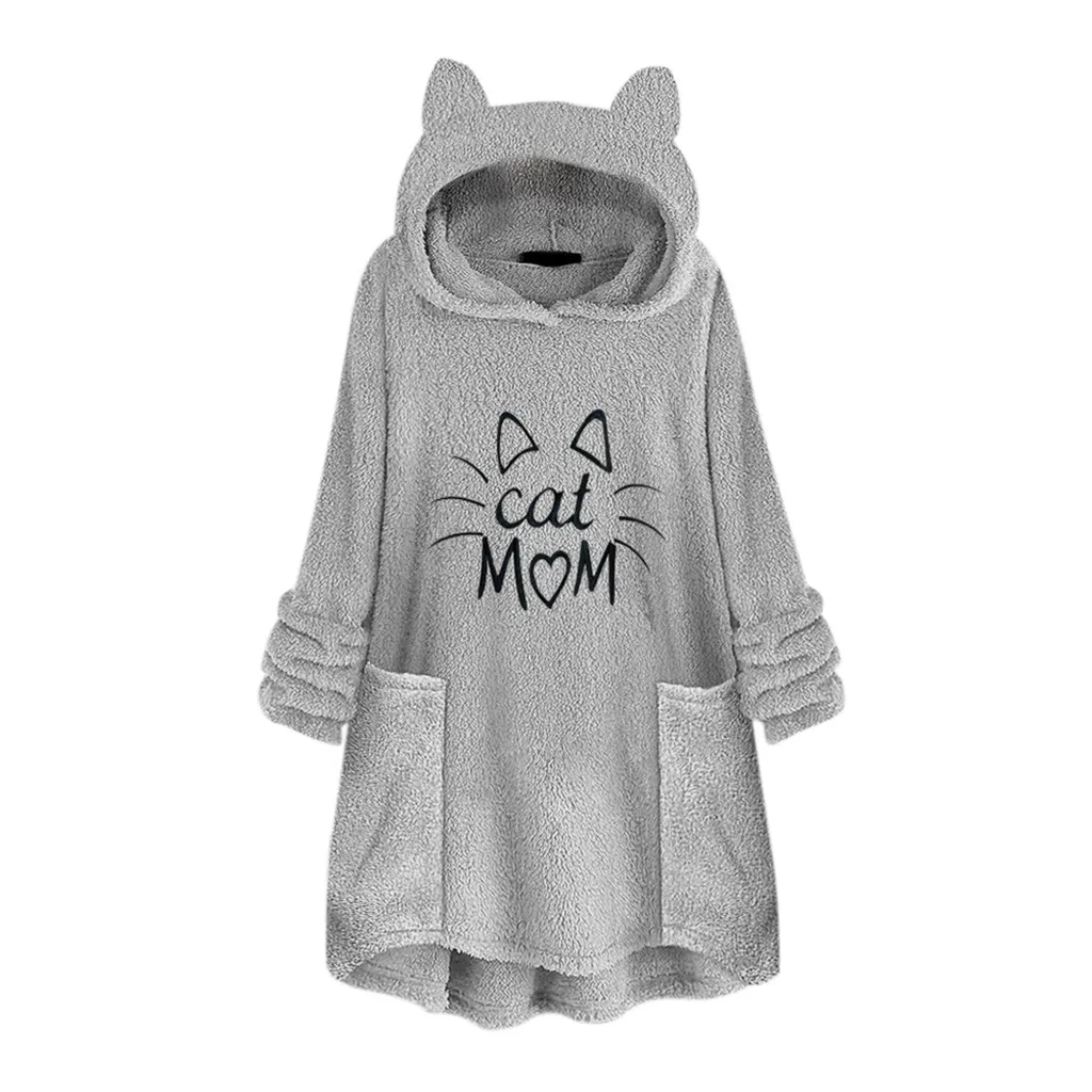 

Harajuku Hoodie Sweatshirt Womens Fleece Embroidery Cat Ear Cat Mom Printed Blouse Top Warm Oversized Pockets Jackets Hoody Coat