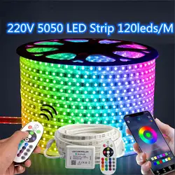 RGB светодиодные полосы света 220 в 120 светодиодный s/m высокой яркости водонепроницаемая лента приложение и пульт дистанционного SMD 5050 лента